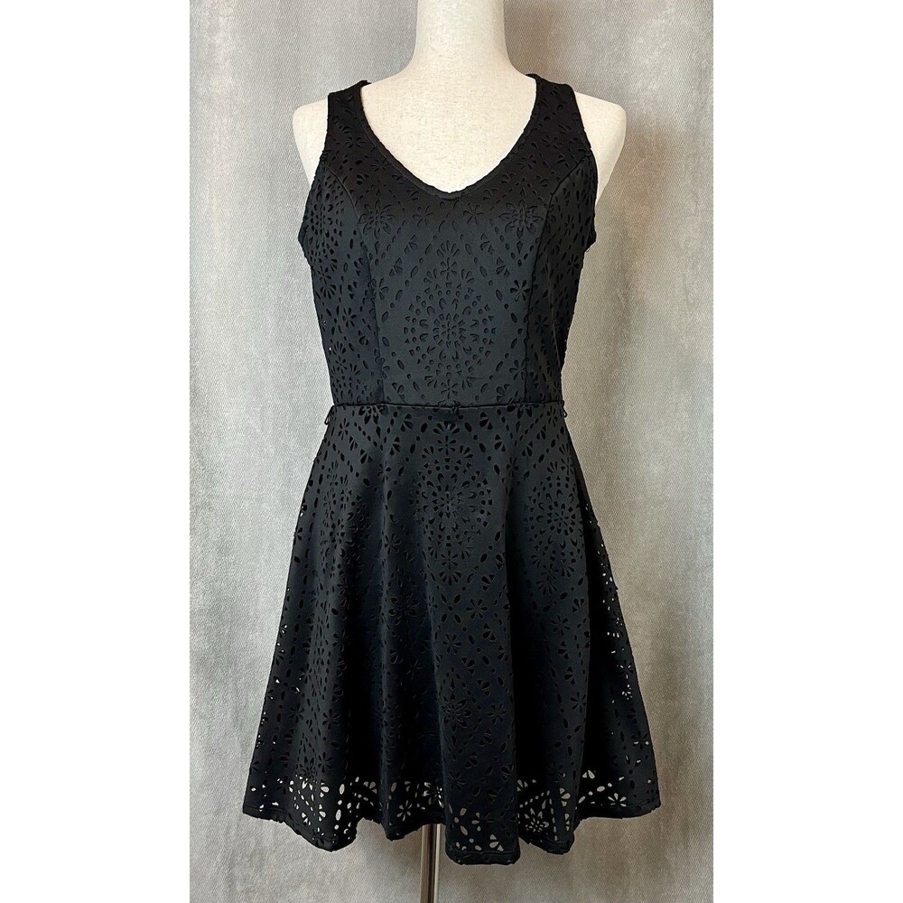 Candie’s Black Fit & Flare Dress 7 Laser Cut Floral Open Back Y2K Whimsigoth